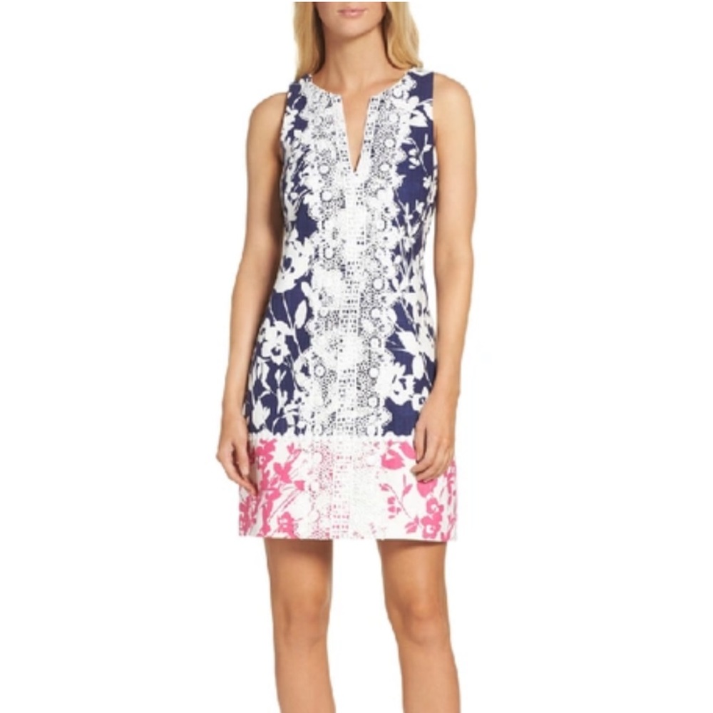 Eliza J Navy Pink Lace Stretch Cotton A-Line Dress NWT
